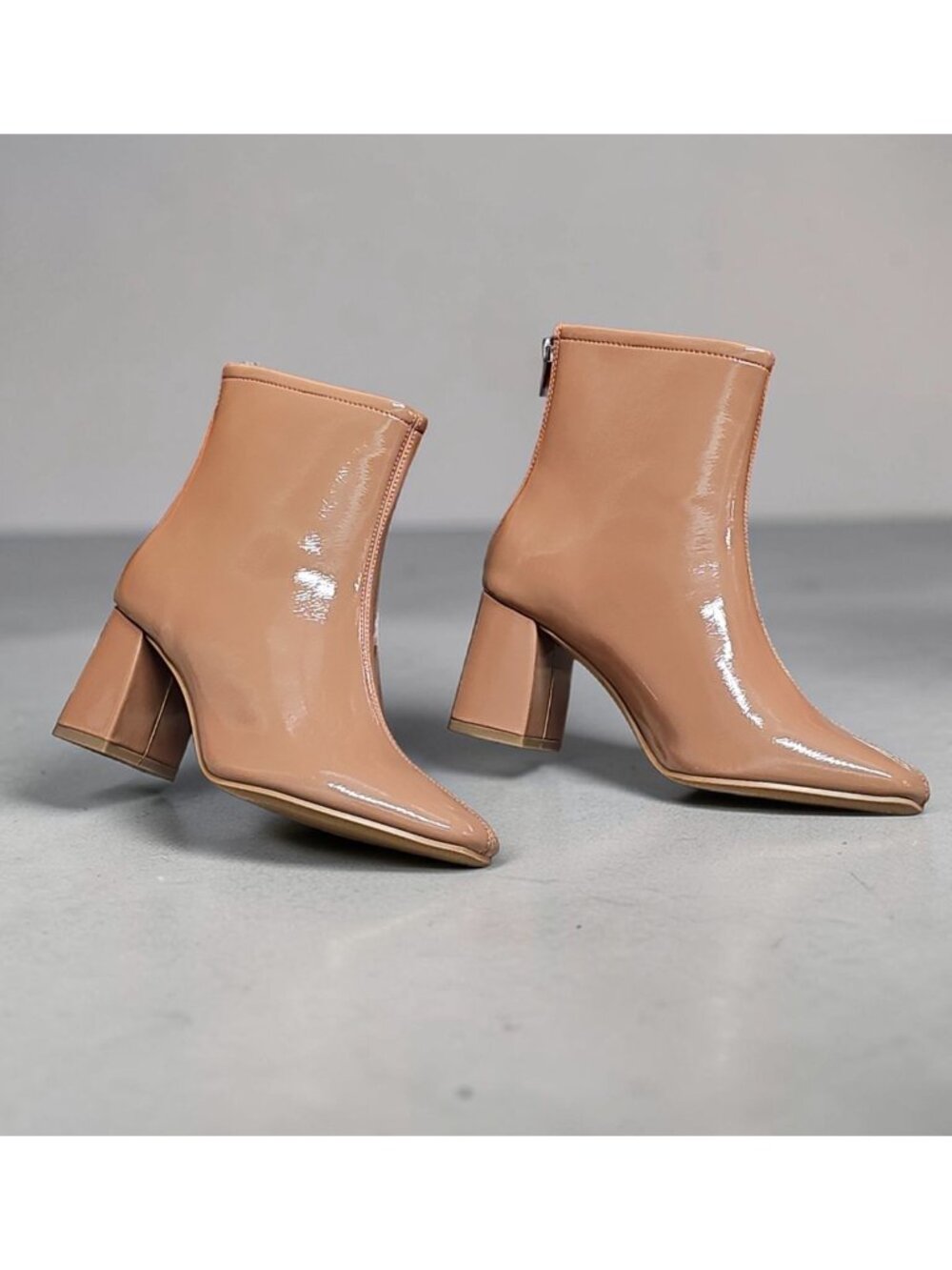 Camel Patent Leather Square Toe Block Heel Ankle Boots With Back Zipper Closure